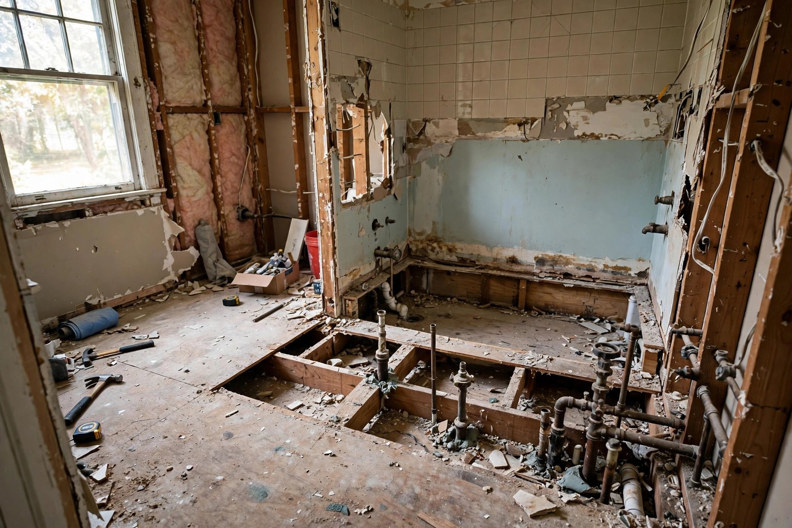 bathroom mid-renovation with old bathtub removed and shower plumbing exposed