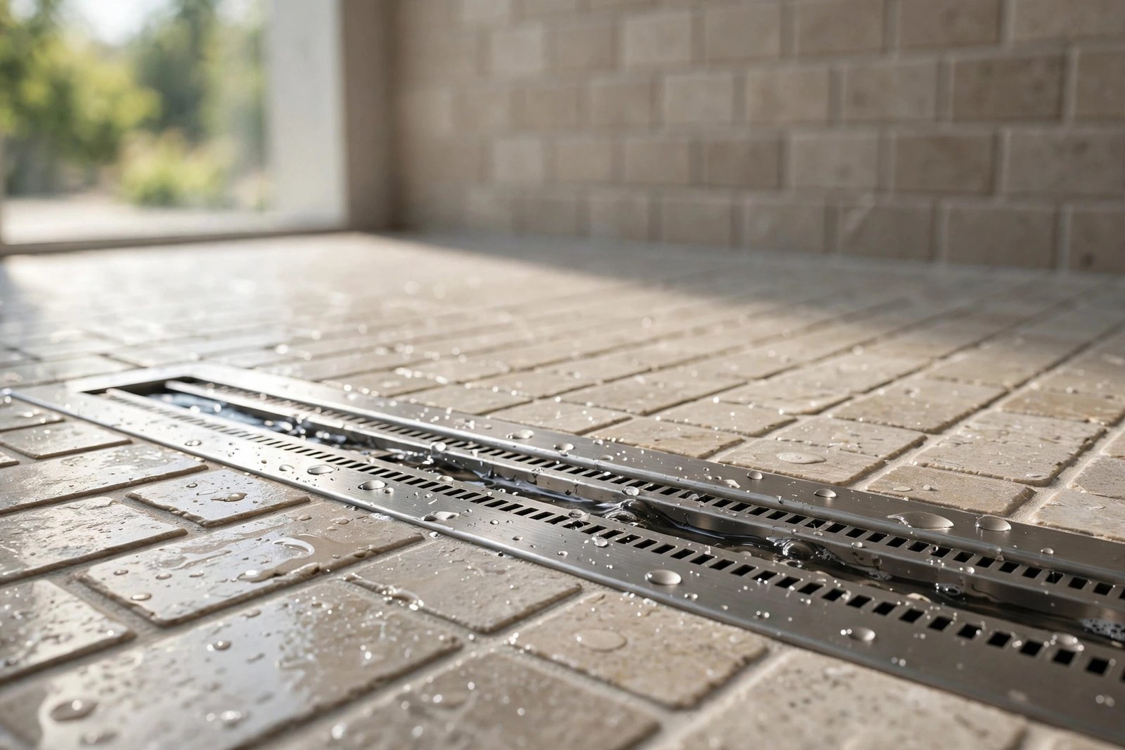 curbless tiled shower with linear drain, close-up detail