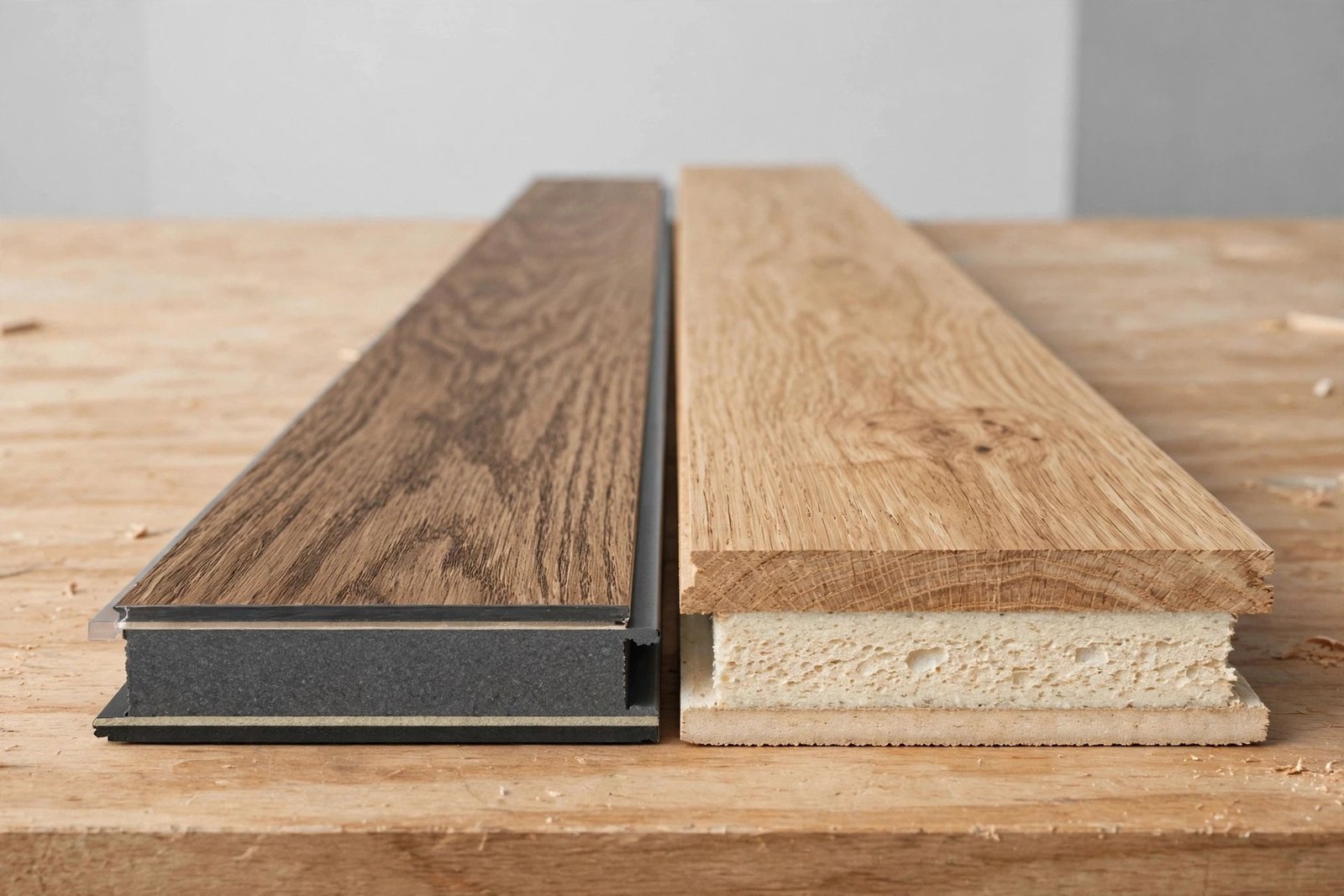 Cross-section comparison of SPC and WPC vinyl plank flooring cores