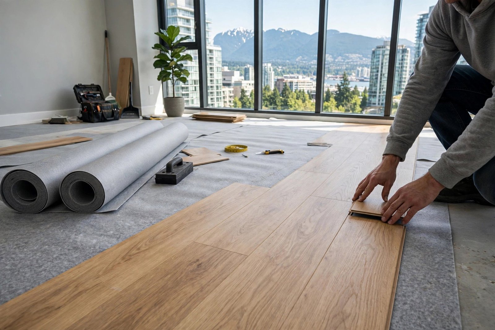 Vinyl plank flooring installed in a bright finished basement living space
