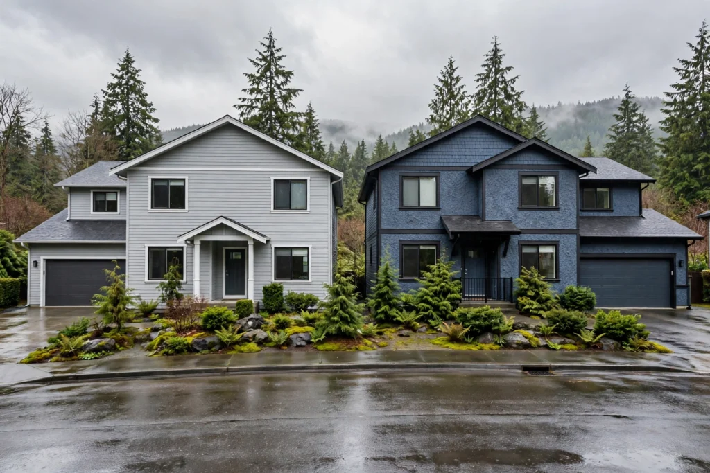 vinyl vs fiber cement siding BC — two BC homes side by side, one with vinyl siding and one with fibre cement siding