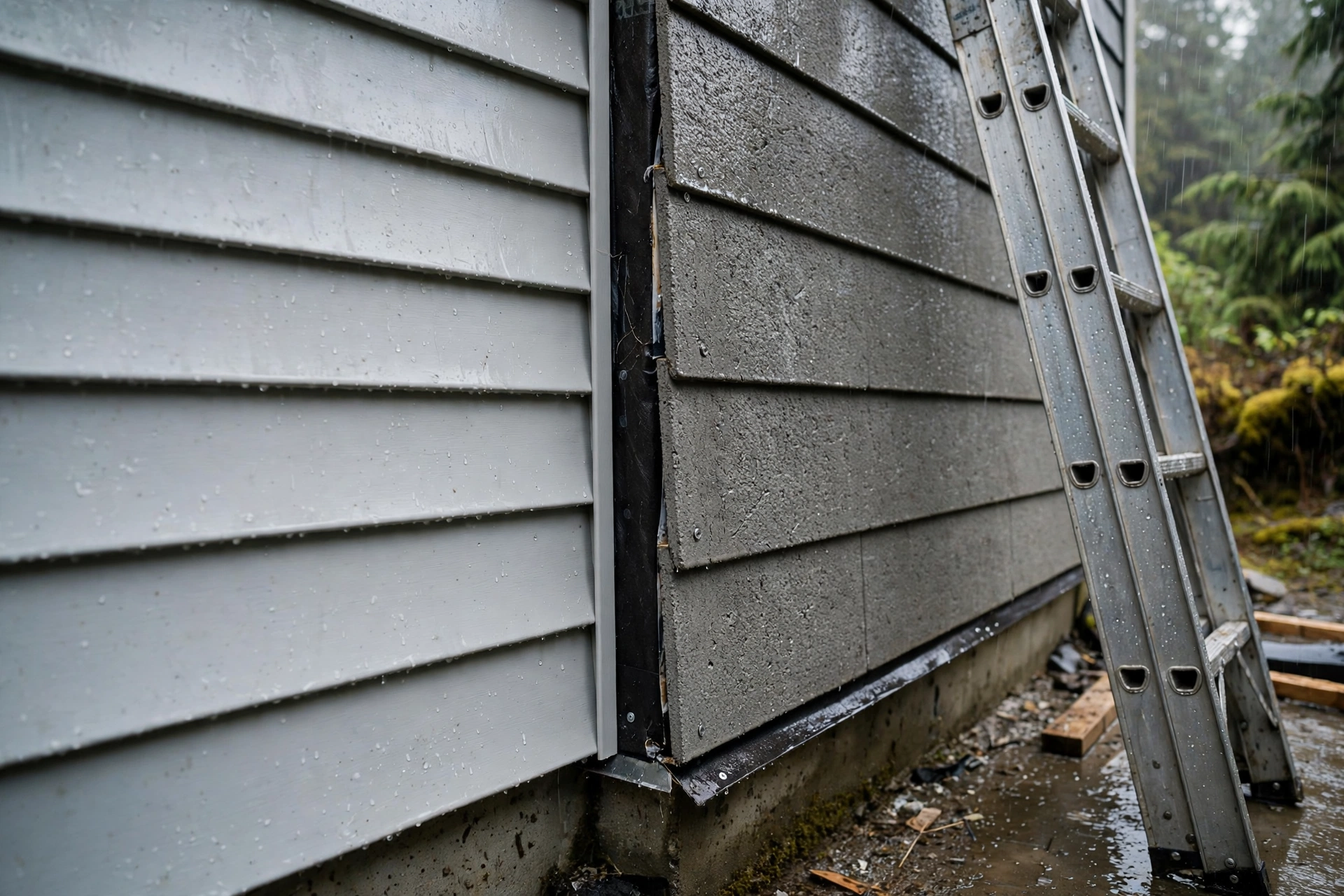 Vinyl and fibre cement siding samples side by side on a BC home exterior