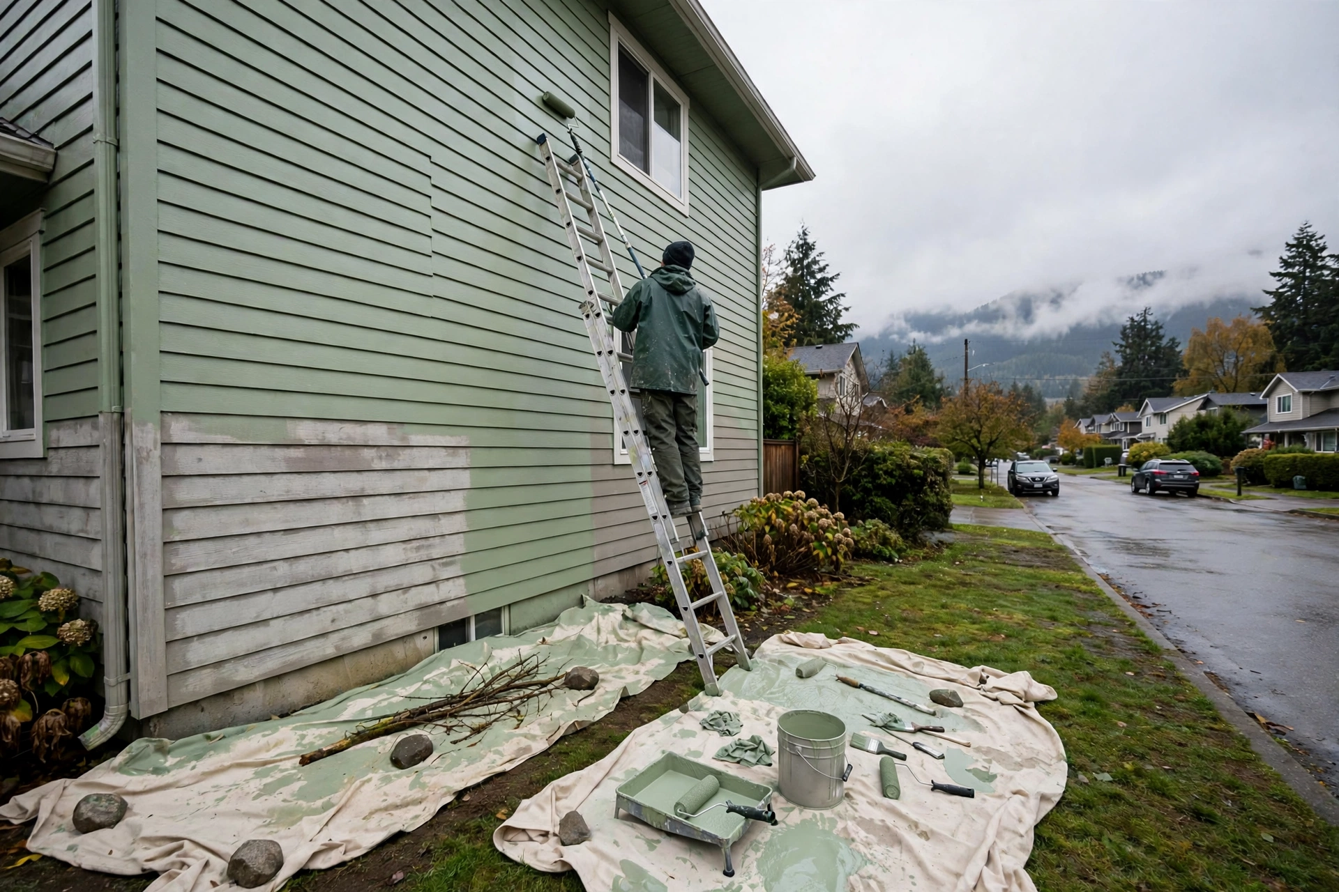 Freshly painted fibre cement siding on a Fraser Valley home after rain