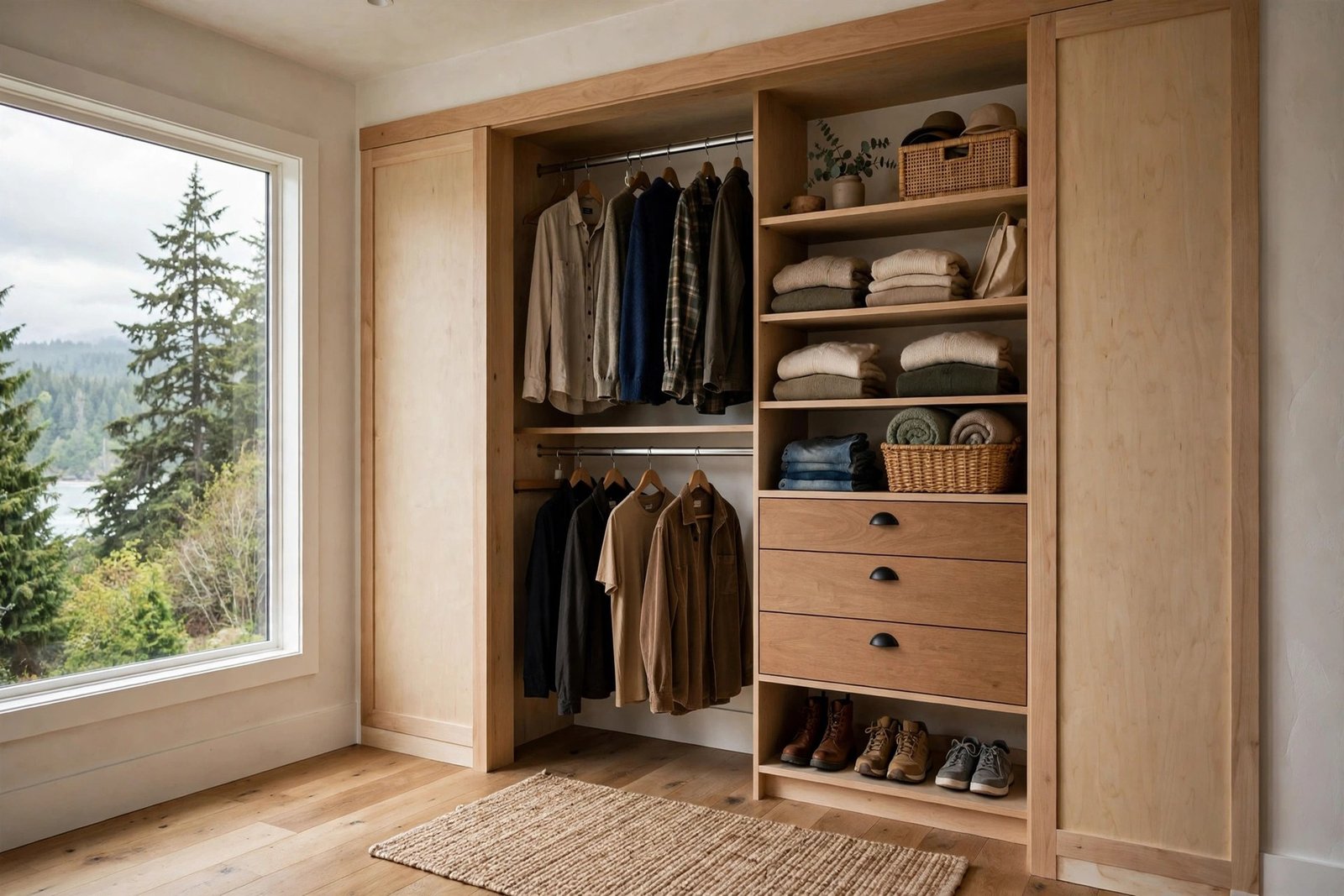semi-custom walk-in closet system with double hanging rods, shelves and drawers fitted into an alcove of a BC home