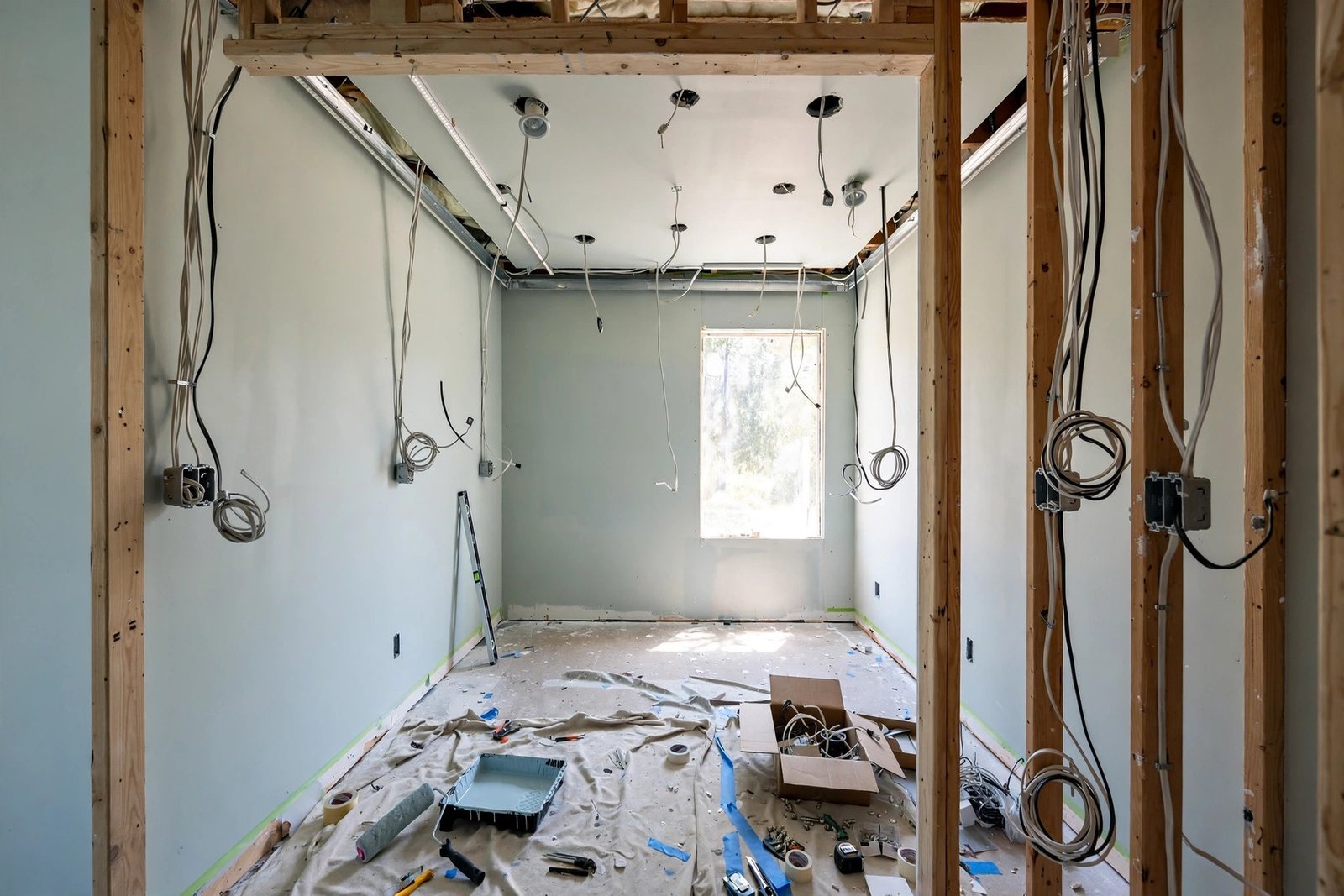 custom walk-in closet under construction with new electrical wiring, LED lighting rough-in and painted walls before millwork installation