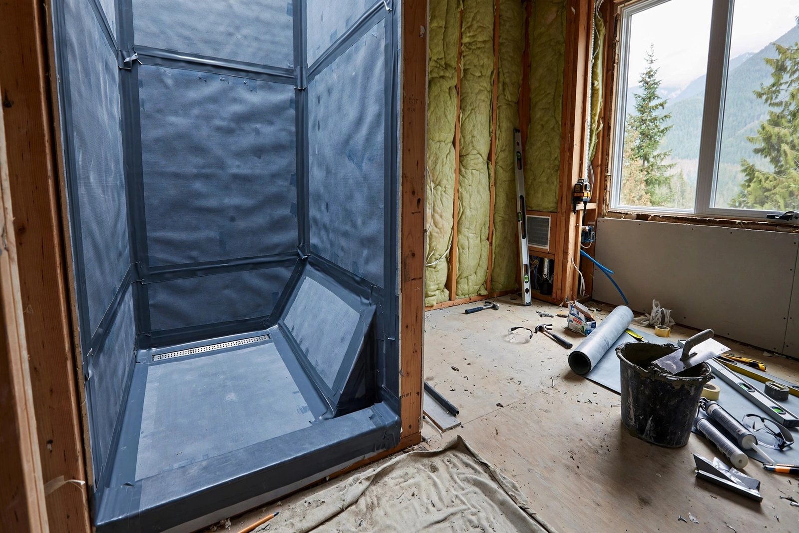 curbless tiled walk-in shower under construction in a BC bathroom with waterproofing membrane and sloped shower pan before tiling