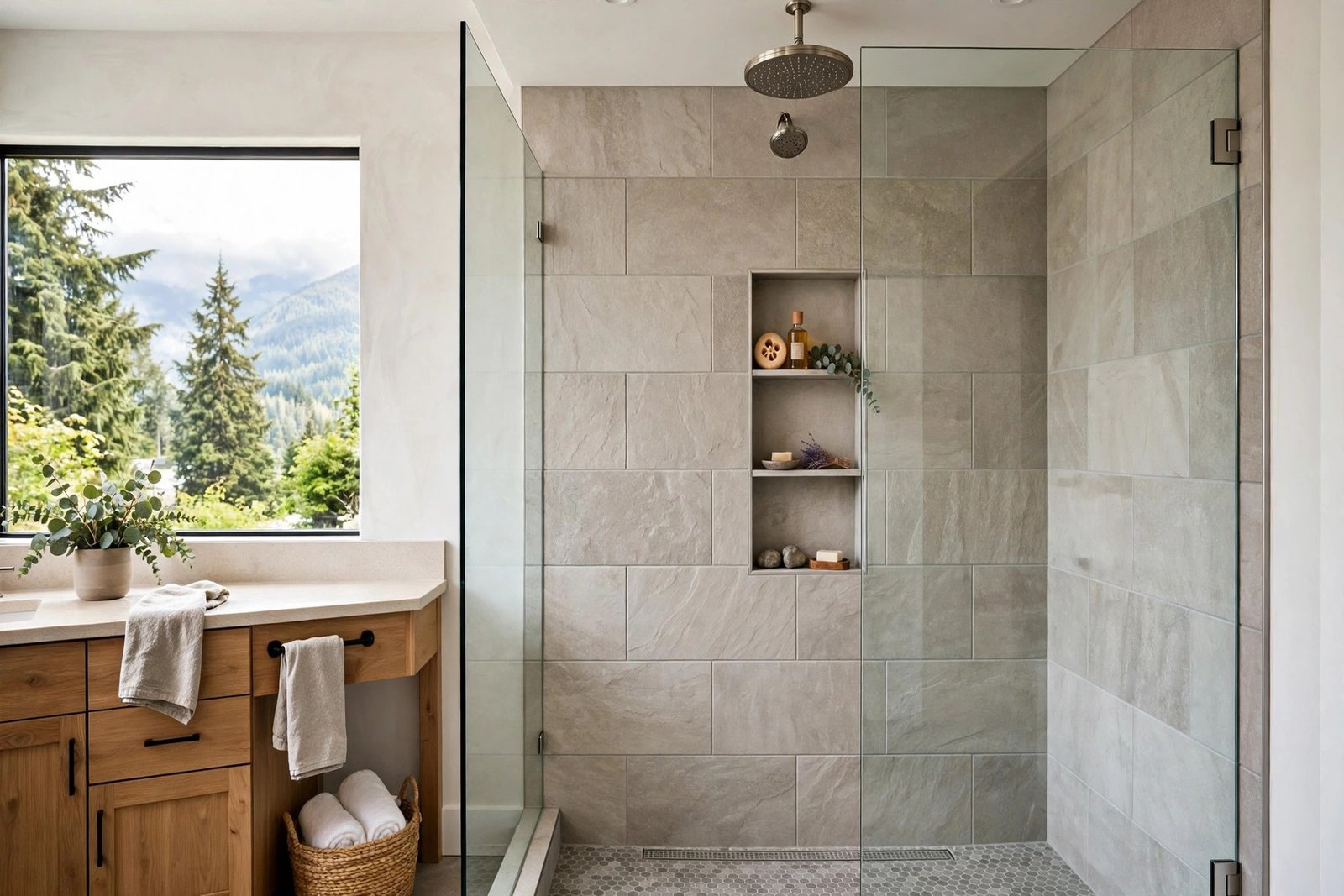 Finished walk-in tiled shower in a BC bathroom with a frameless glass panel, built-in niche and rainfall shower head