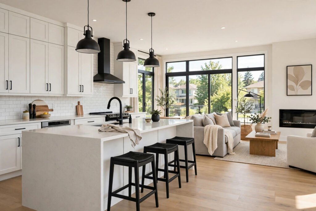whole home renovation cost Abbotsford — fully renovated open concept kitchen and living room in an Abbotsford BC home