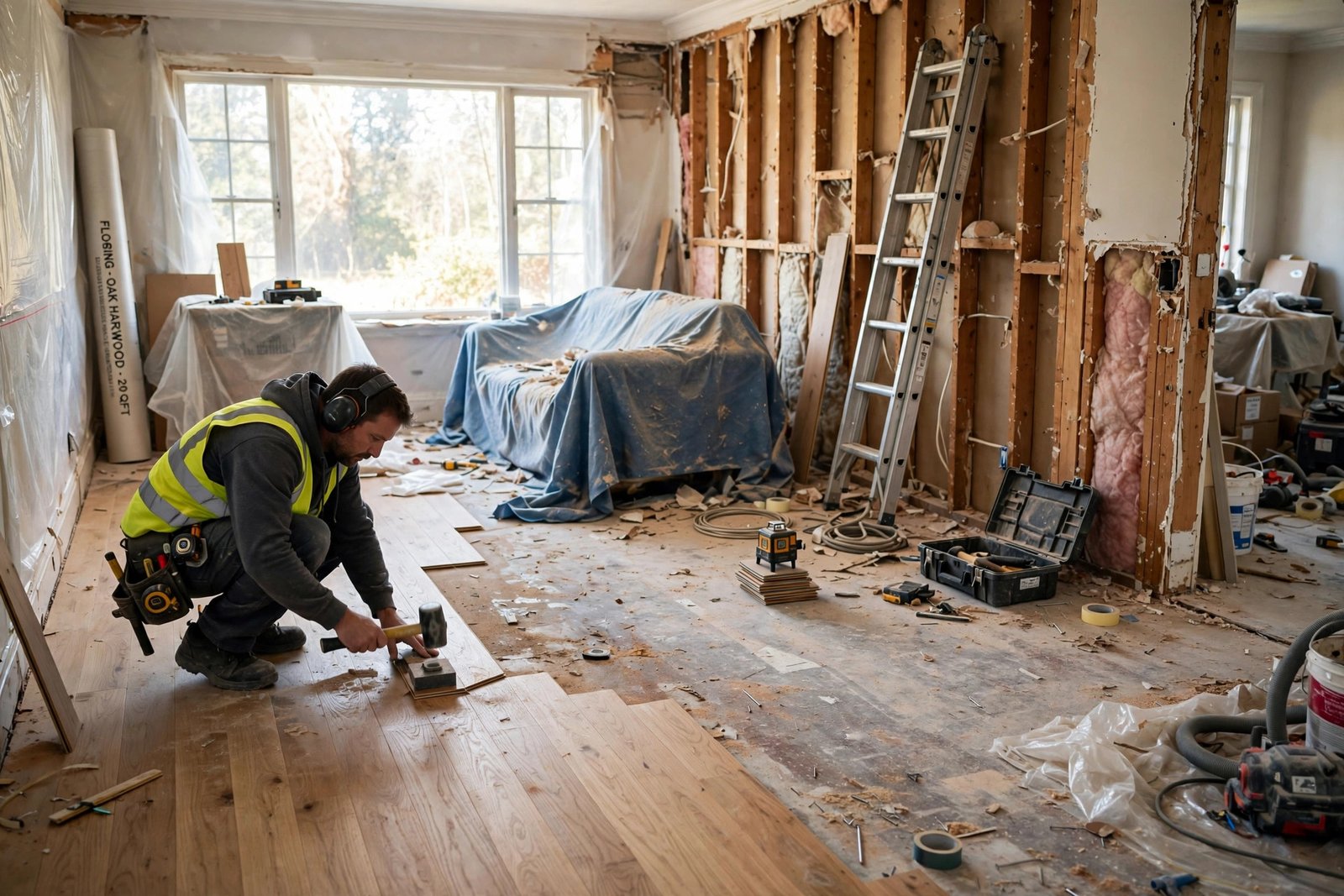 whole home renovation in progress in an Abbotsford home with walls opened and new flooring going down