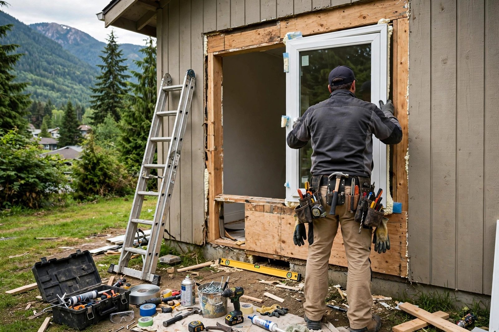 Installer fitting a new window into a home in British Columbia